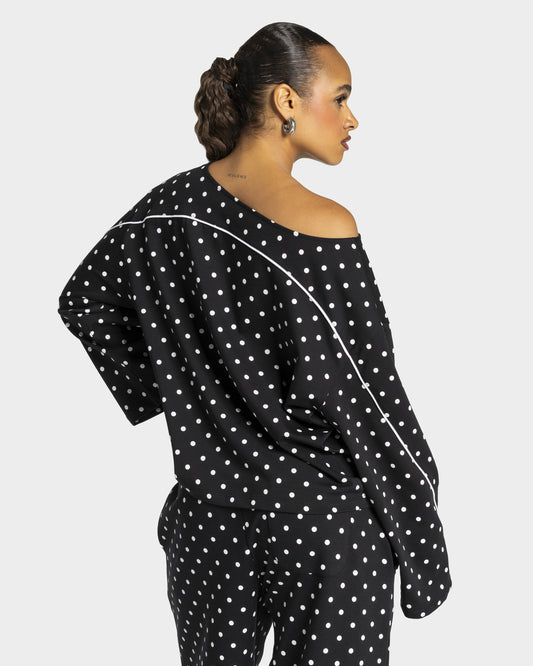 Maglia a manica lunga Off Shoulder Contrastline “Colore Nero con pois bianchi”