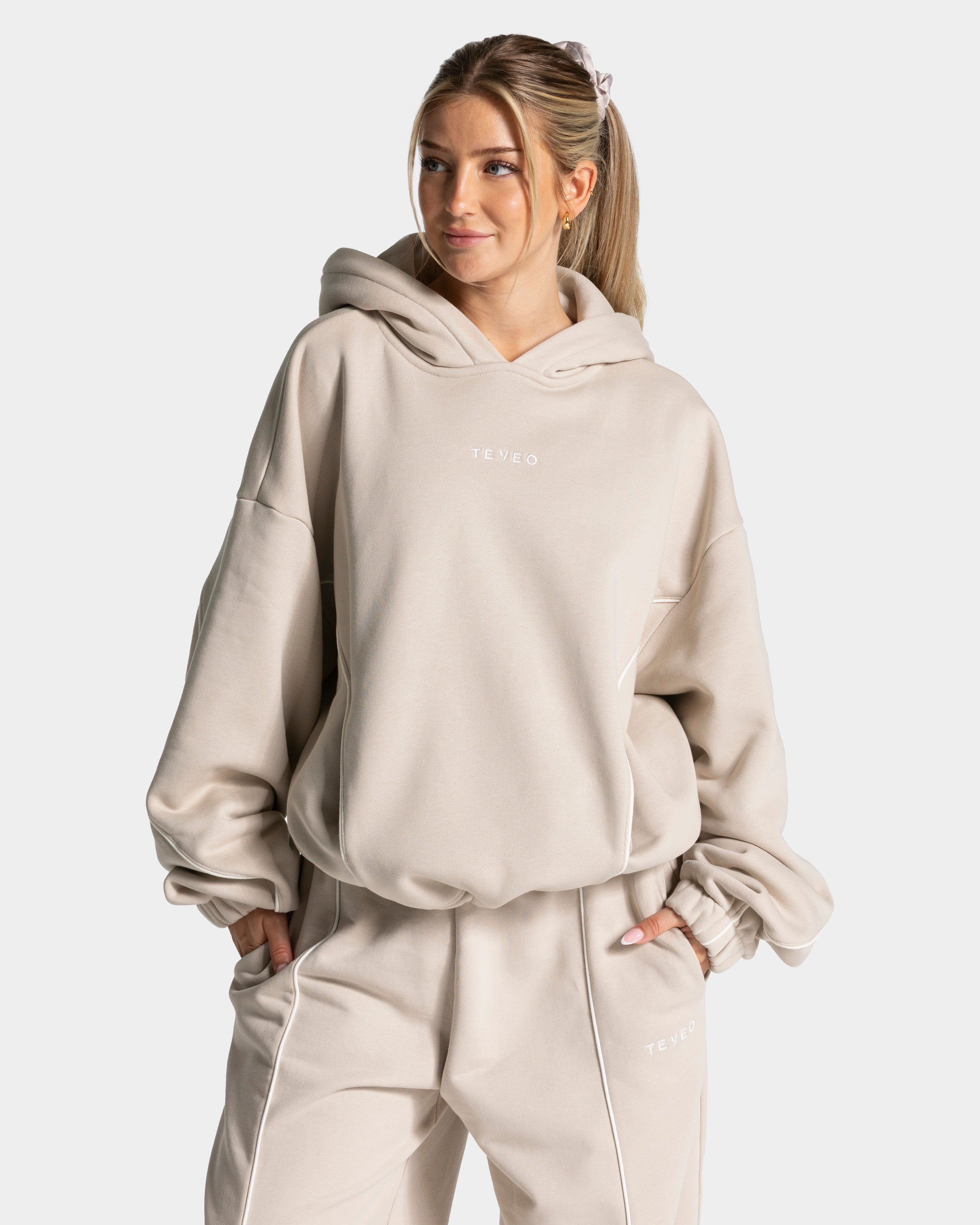 Cream Tie Neckline Detail Hooded Sweater main image 1