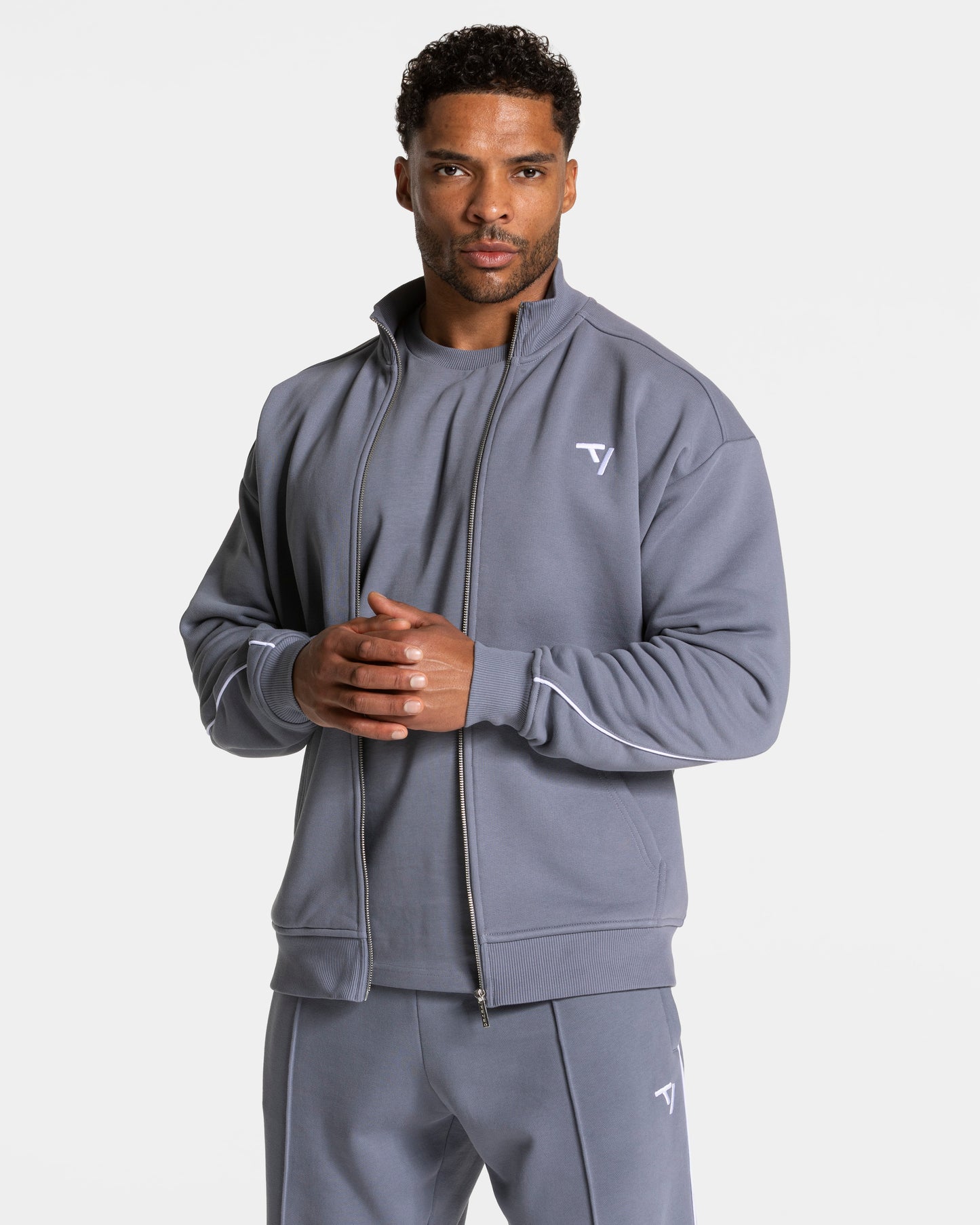 Contrastline Zip Sweater "Eisgrau - Weiß"