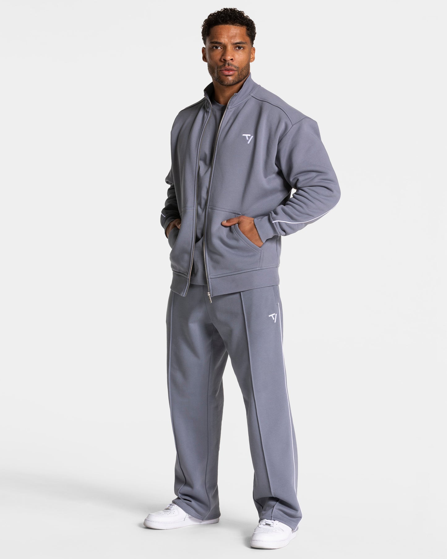Contrastline Zip Sweater "Eisgrau - Weiß"