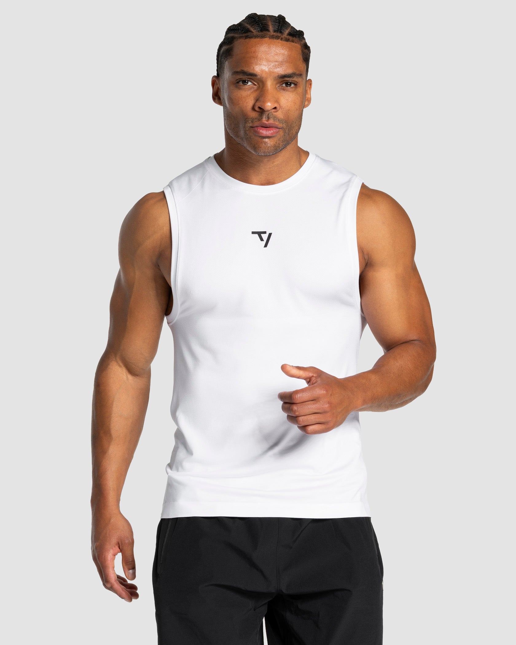 sleeveless white gym tank top