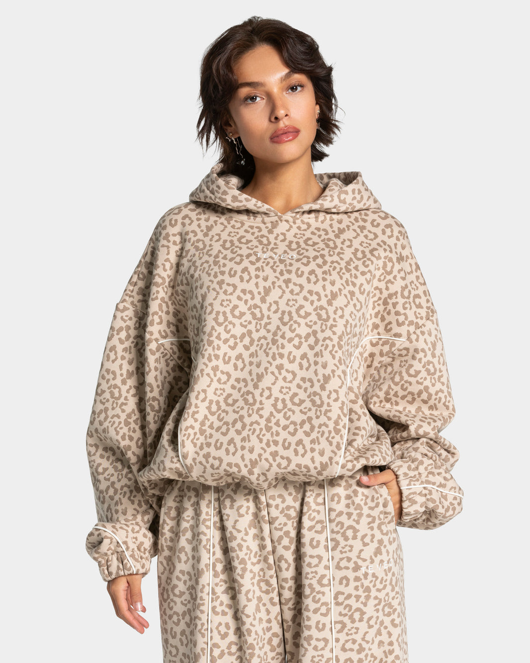 Felpa con cappuccio Contrastline “Stampa leopardata Cream"