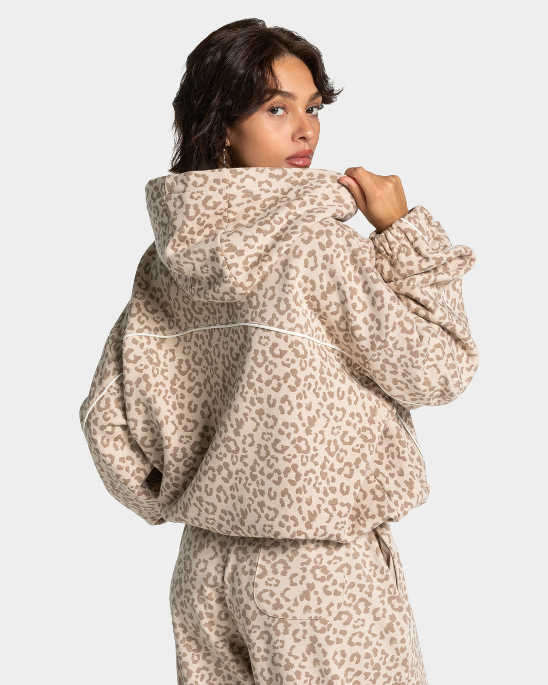 Felpa con cappuccio Contrastline “Stampa leopardata Cream"