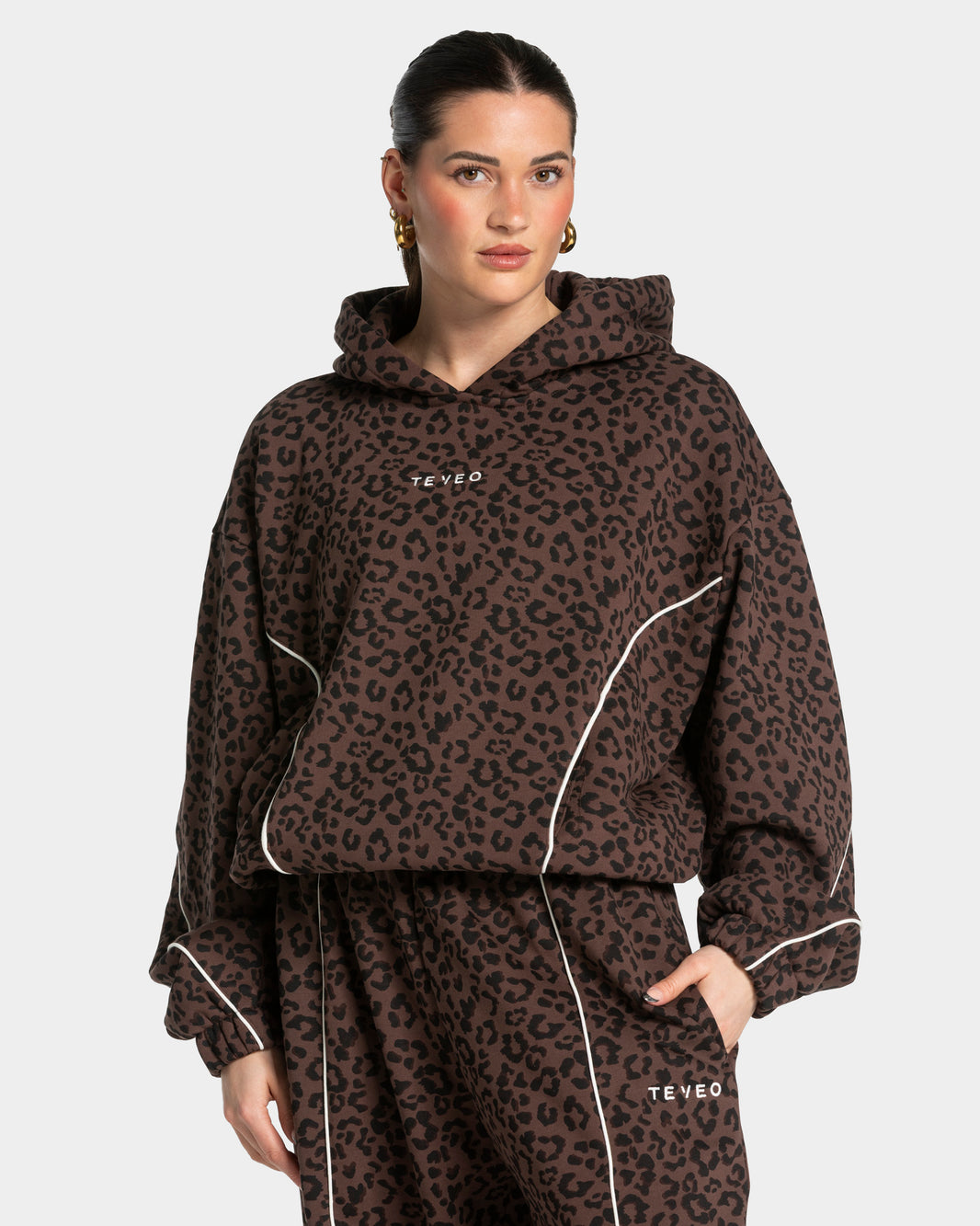 Felpa con cappuccio Contrastline “Stampa leopardata Espresso"