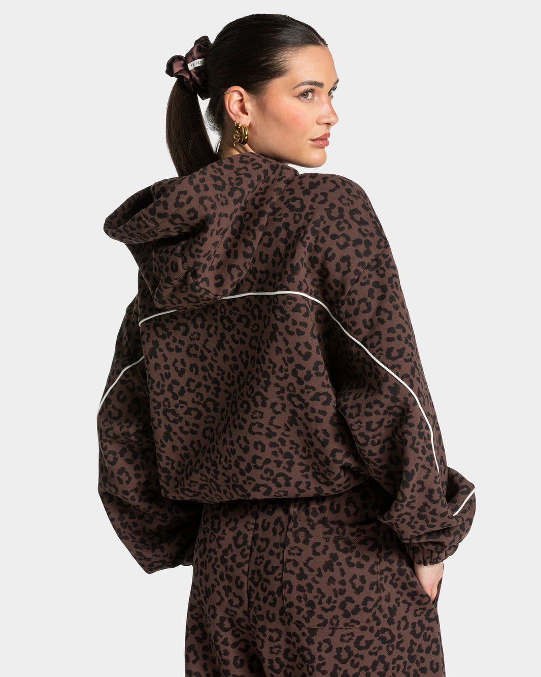 Felpa con cappuccio Contrastline “Stampa leopardata Espresso"