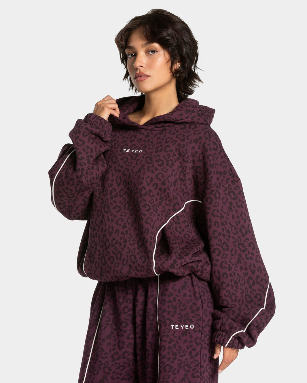 Felpa con cappuccio Contrastline “Stampa leopardata Merlot"