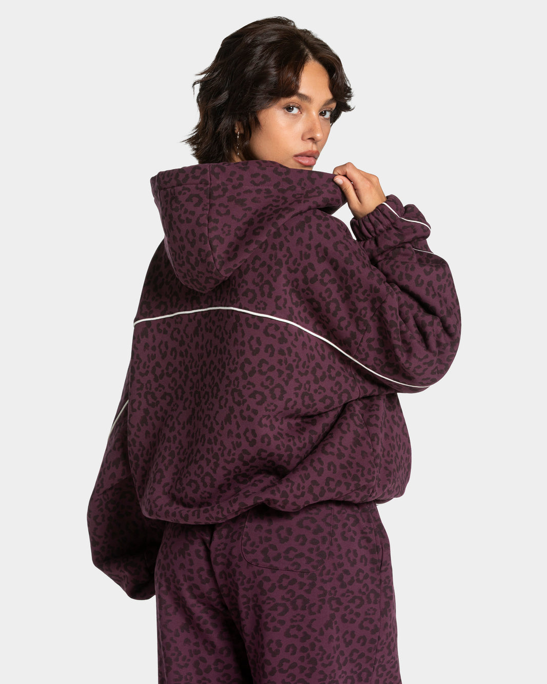 Felpa con cappuccio Contrastline “Stampa leopardata Merlot"