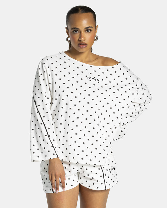 Camiseta de manga larga Contrastline Off-Shoulder «lunares en blanco»
