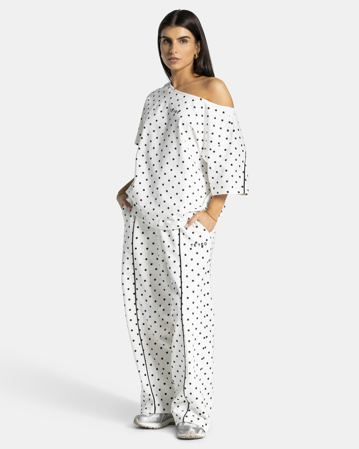 Contrastline Wide Leg Joggers ‘White Polka Dot’
