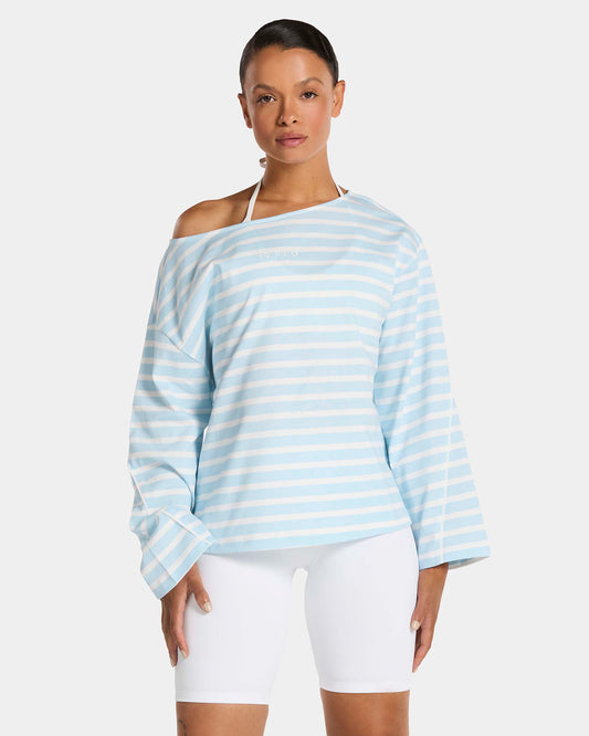 Haut à manches longues et épaules dénudées Contrastline « Stripe Ice Blue »