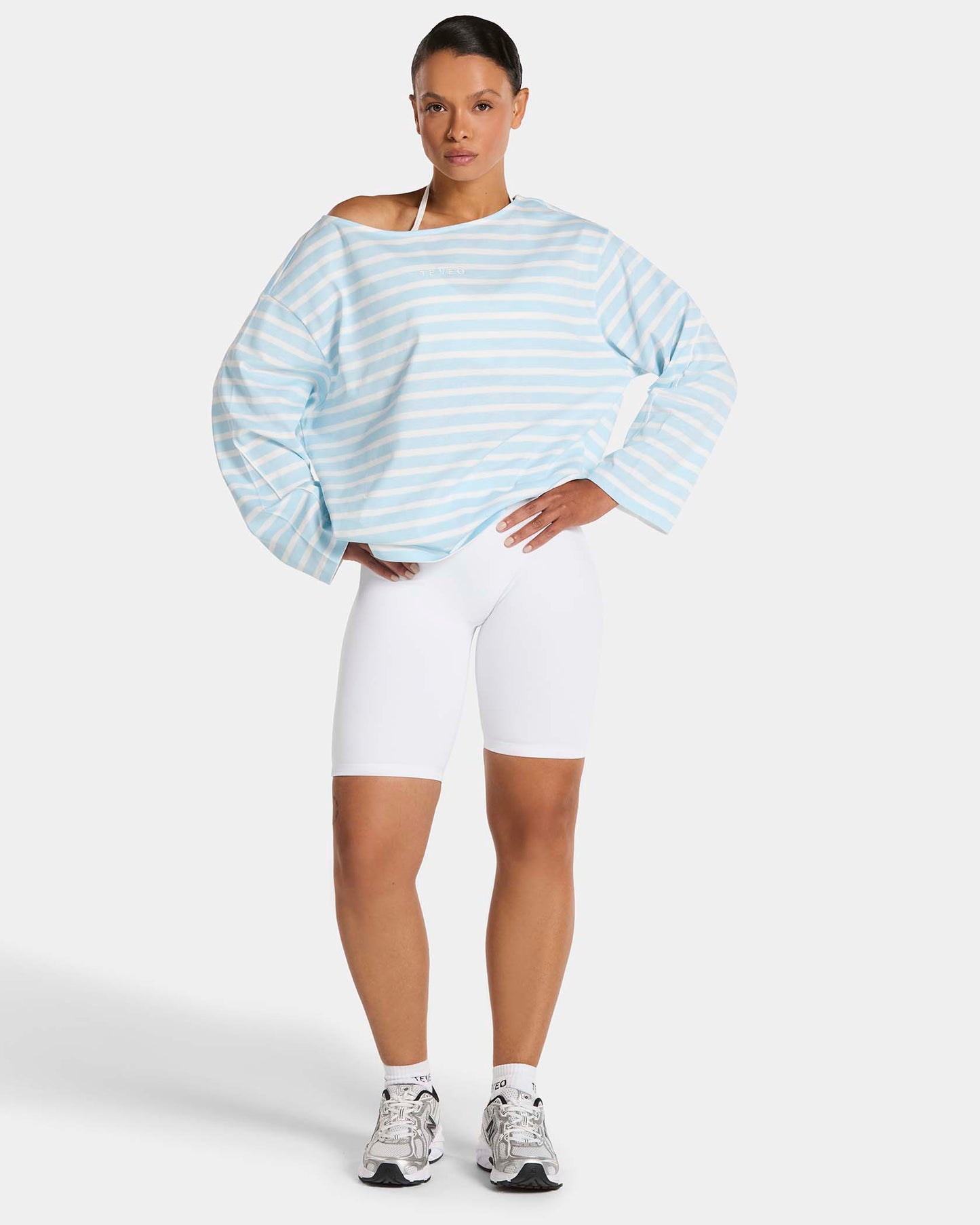 Maglia a manica lunga Contrastline Off-Shoulder "Stripe Ice Blue"