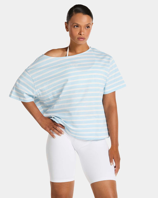 T-shirt à épaules dénudées Contrastline « Stripe Ice Blue »
