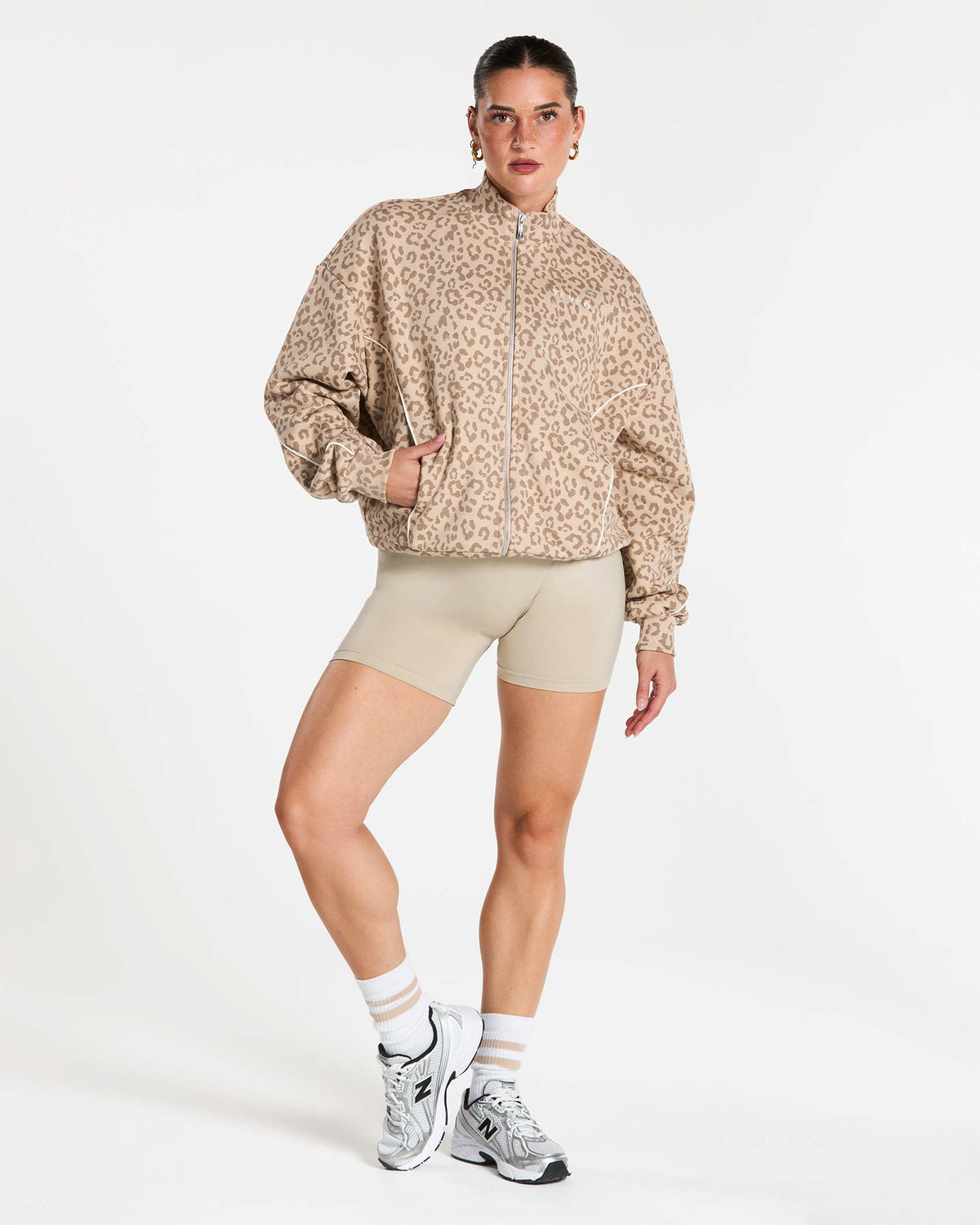 Felpa con zip Contrastline “Stampa leopardo Cream"