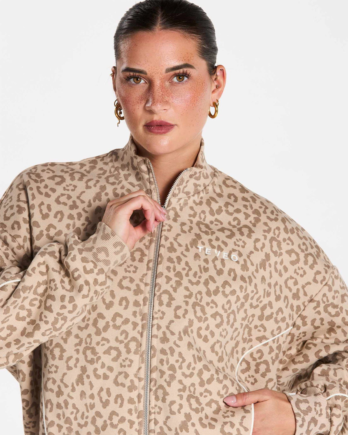 Felpa con zip Contrastline “Stampa leopardo Cream"