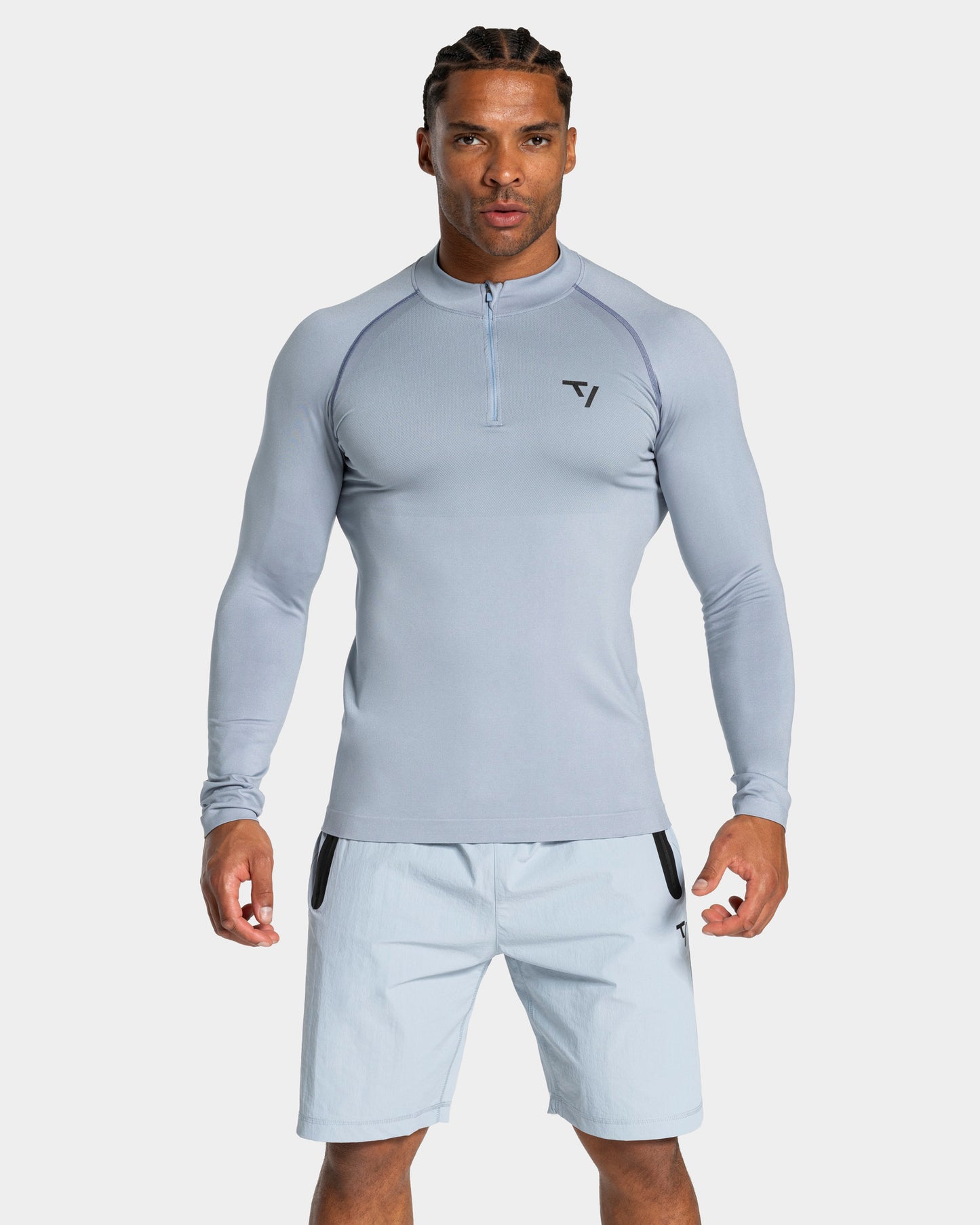 Haut à manches longues demi-zippé Workout sans coutures « bleu acier »